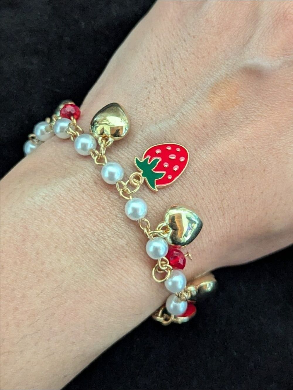 Cute Strawberry Heart Charm Gold Bracelet Summer Pearl Feminine Kawaii